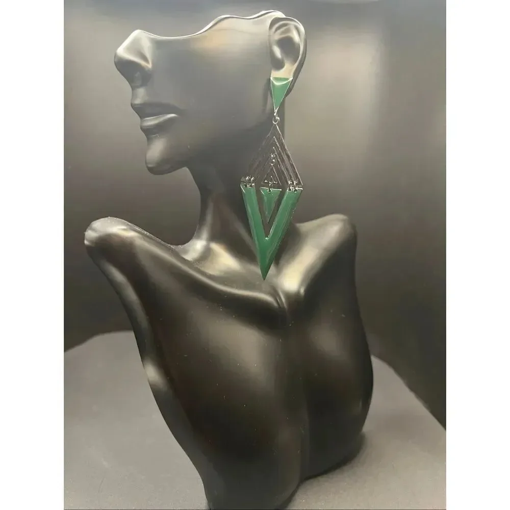 Mia Collection Black Forest Green Enamel Diamond Chevron Triangle Earrings